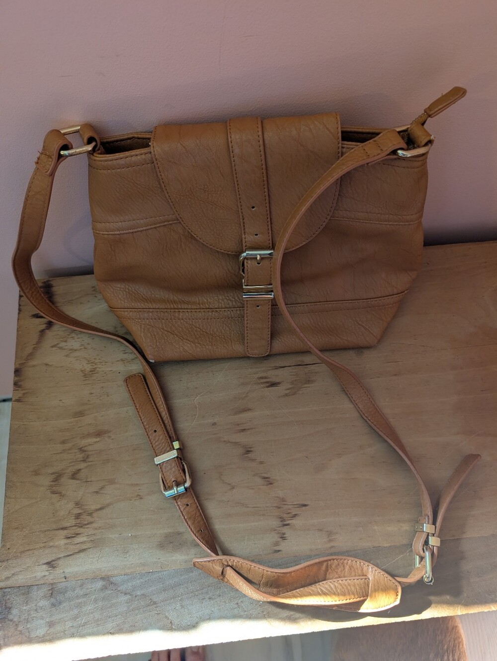 Classic Tan Crossbody Bag with Buckle Detail - Picture 10 of 11